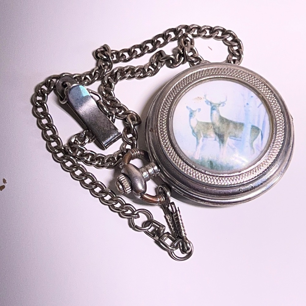 Vintage Deer Wildlife Pocket Watch Silver Tone 49mm Hunter Case‎ Chain Untested